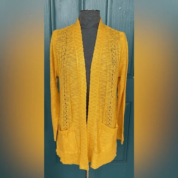 NWT Love Ellie Two Pocket Sunny Yellow Open Front Cardigan Textured Knit, Large - Picture 11 of 13